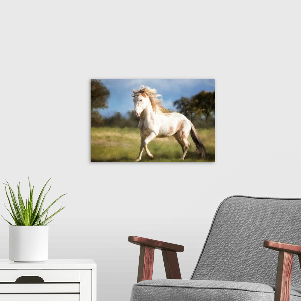 A modern room featuring An image of a white horse trotting through a grassy field.