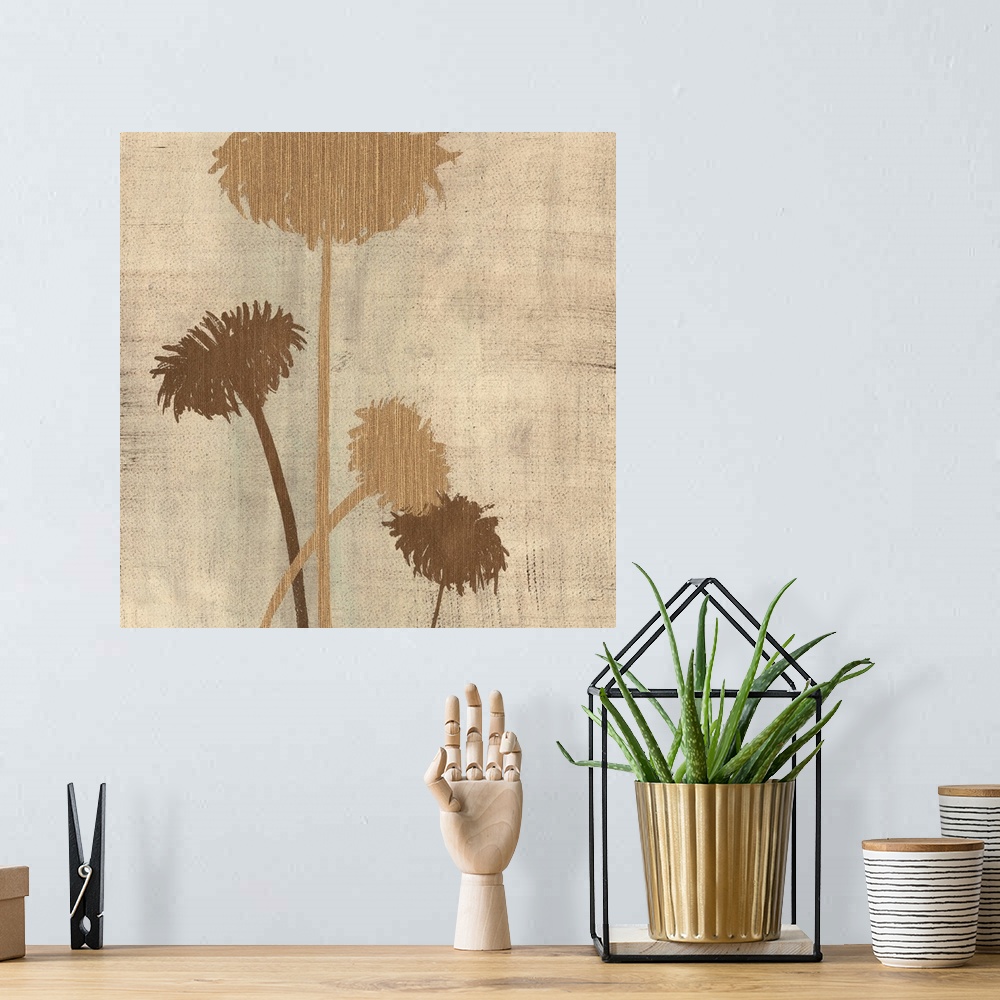 A bohemian room featuring Square artwork of a small group of flowers in black and brown with a linen textured effect.