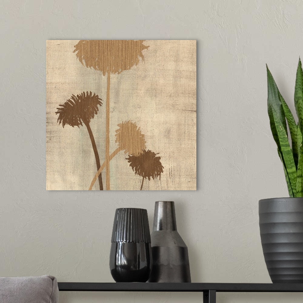 A modern room featuring Square artwork of a small group of flowers in black and brown with a linen textured effect.