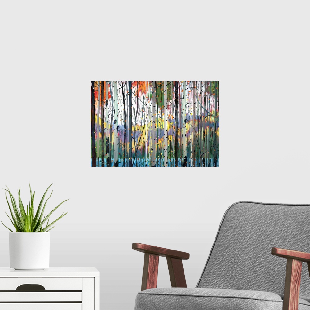 A modern room featuring Contemporary painting of a forest full of colorful trees in tones of red, yellow and orange with ...