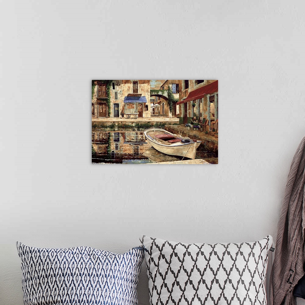 A bohemian room featuring Contemporary painting of a boat docked near shops in Europe.