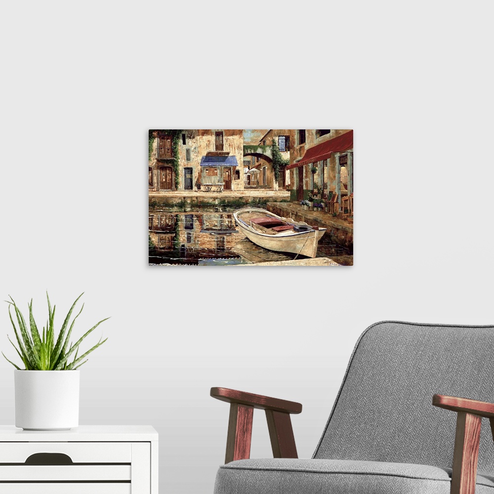 A modern room featuring Contemporary painting of a boat docked near shops in Europe.