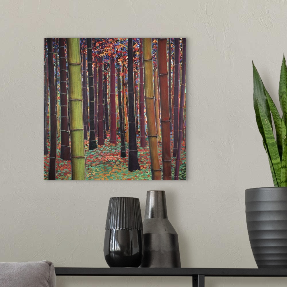 A modern room featuring A square contemporary painting of a forest of bamboo trees in different shades of brown with colo...