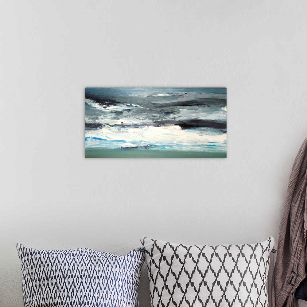 A bohemian room featuring Long horizontal abstract painting of textured horizontal brush strokes in white, gray and blue, g...