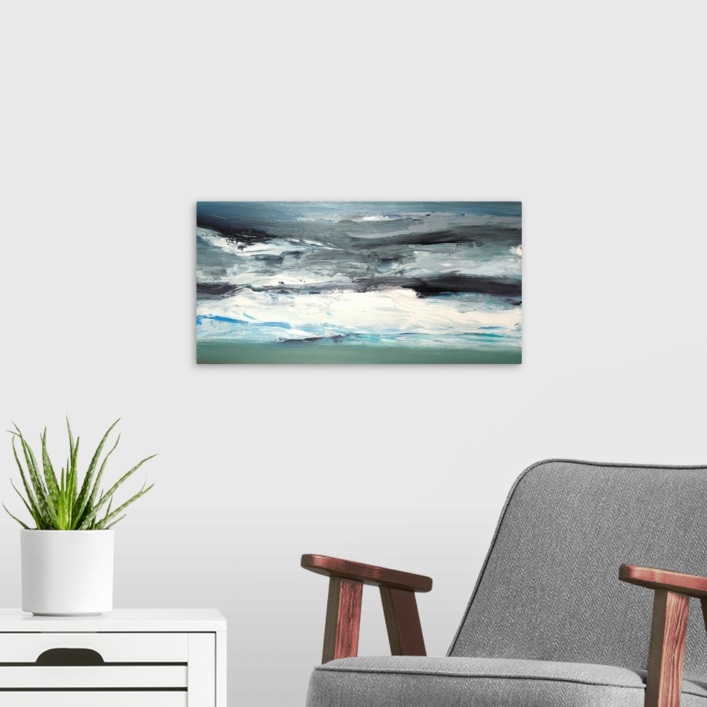 A modern room featuring Long horizontal abstract painting of textured horizontal brush strokes in white, gray and blue, g...
