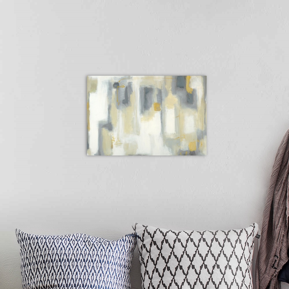 A bohemian room featuring Abstract painting of soft vertical rectangles in shades of yellow, gray and white.