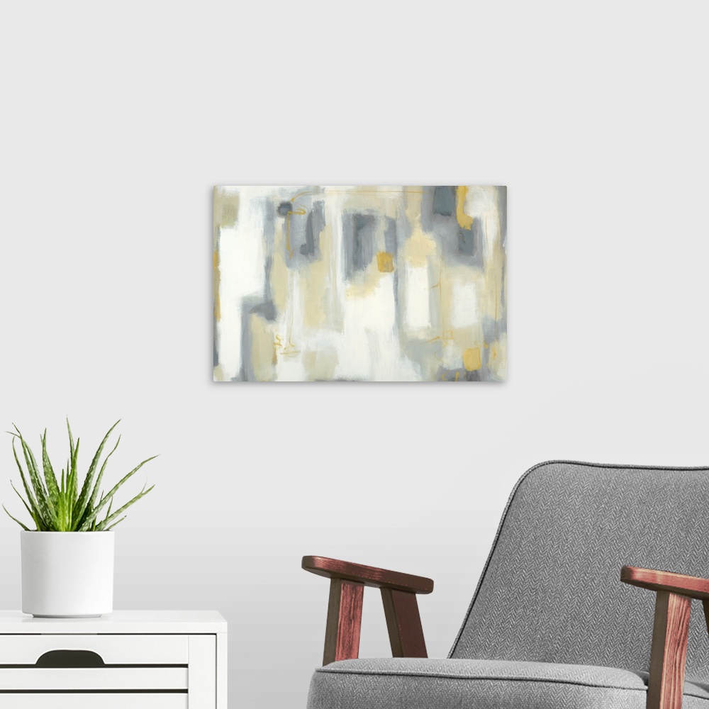 A modern room featuring Abstract painting of soft vertical rectangles in shades of yellow, gray and white.