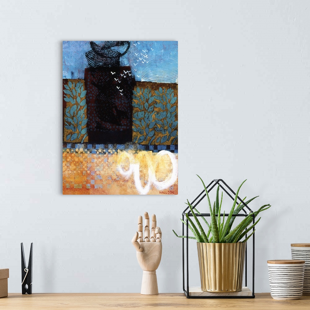 A bohemian room featuring Abstract landscape of a field with white birds flying into the blue sky with a checked pattern an...