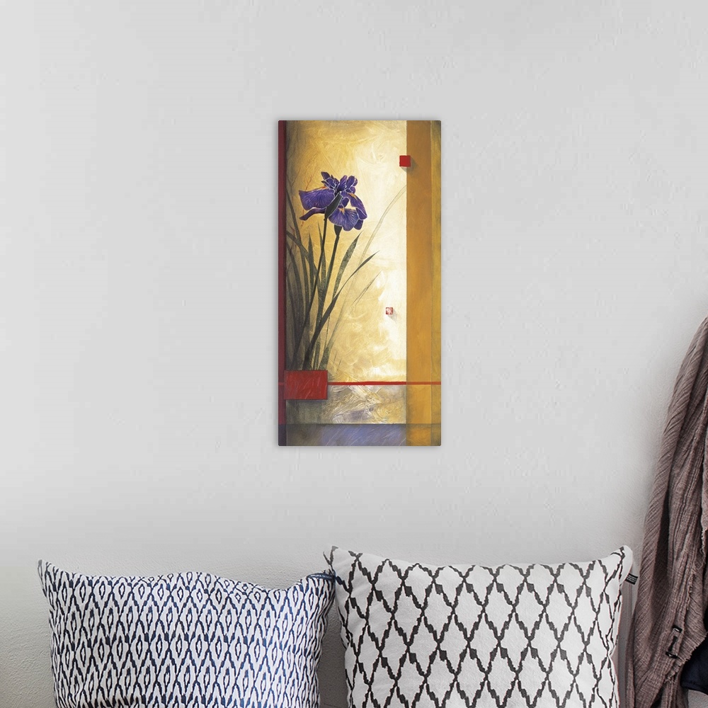 A bohemian room featuring A contemporary painting of purple irises flowers bordered with a square grid design.