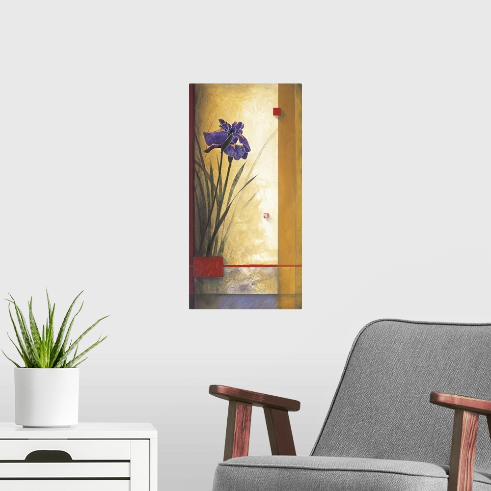 A modern room featuring A contemporary painting of purple irises flowers bordered with a square grid design.