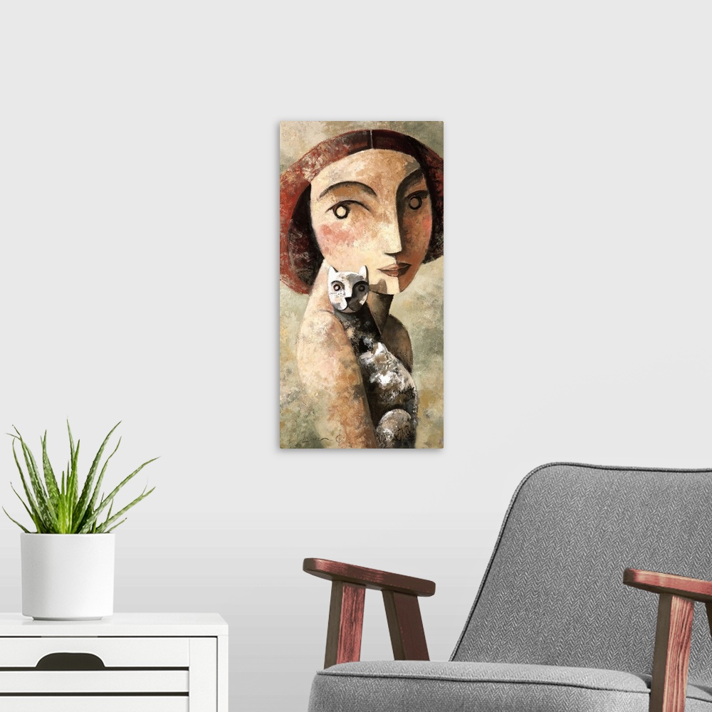 A modern room featuring A vertical portrait of a woman holding a cat, painted in a cubism style.