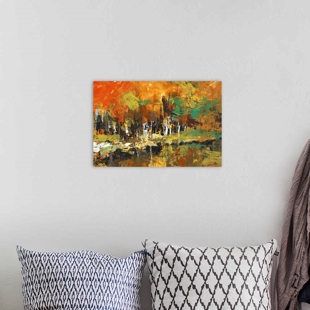 A bohemian room featuring Abstract landscape  of color fall trees reflected in a pond.