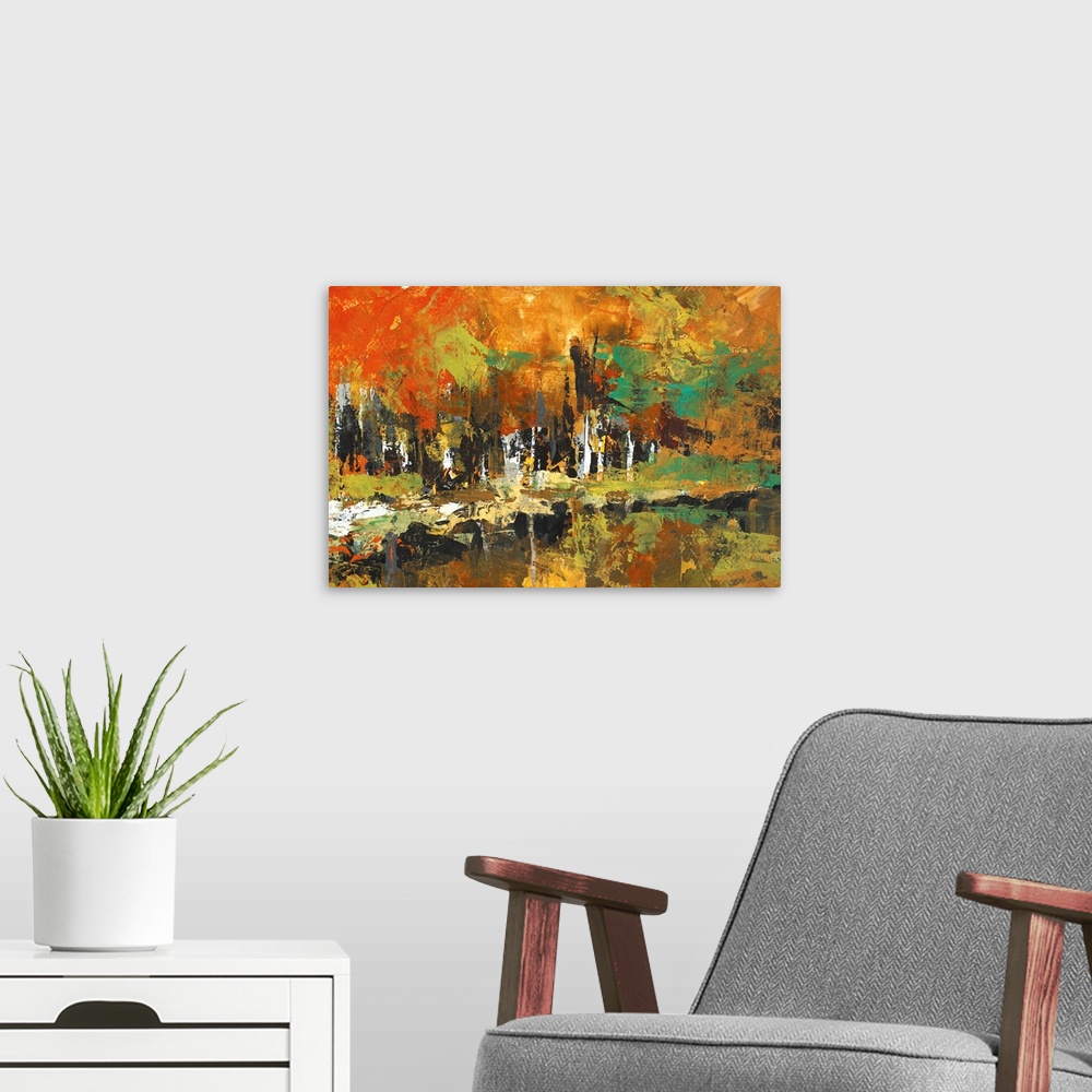 A modern room featuring Abstract landscape  of color fall trees reflected in a pond.