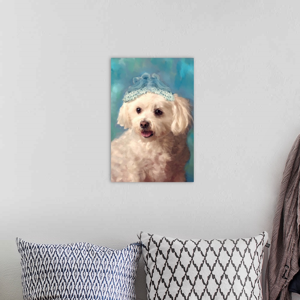 A bohemian room featuring A portrait of a dog with a hat on his head.
