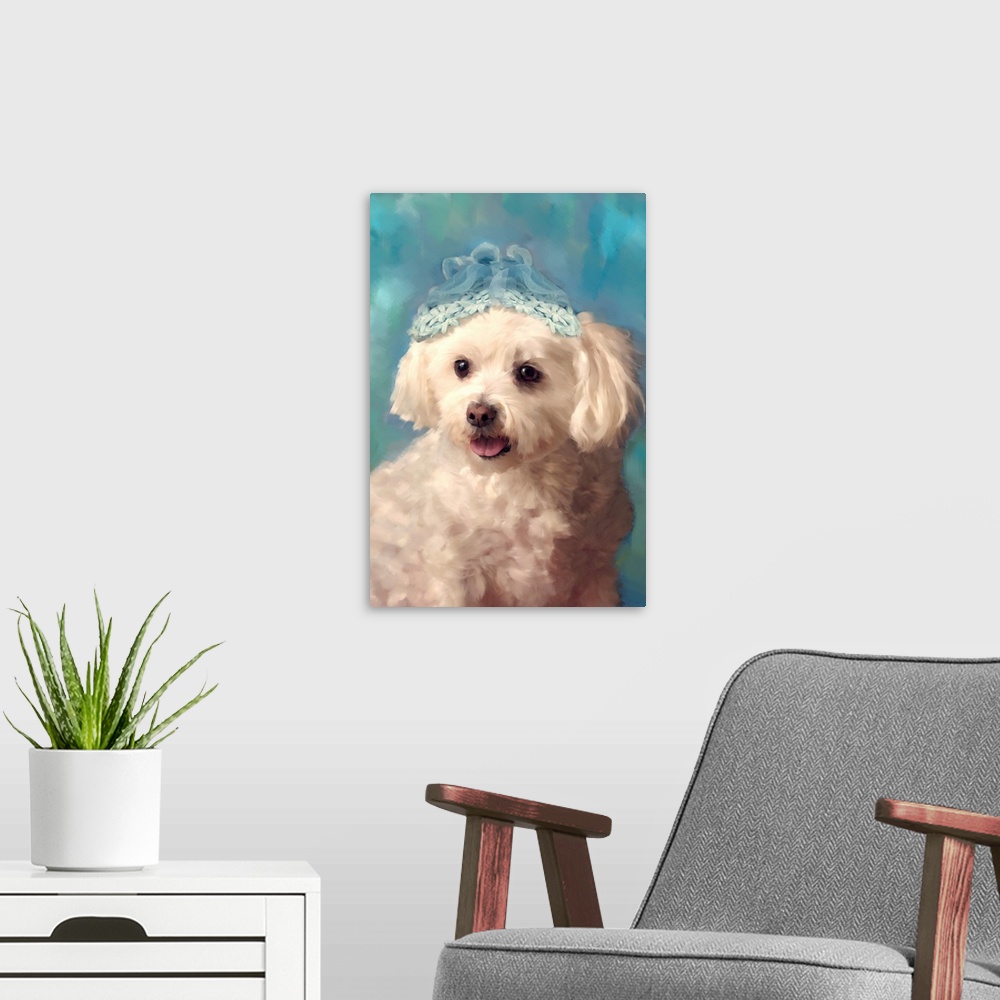 A modern room featuring A portrait of a dog with a hat on his head.