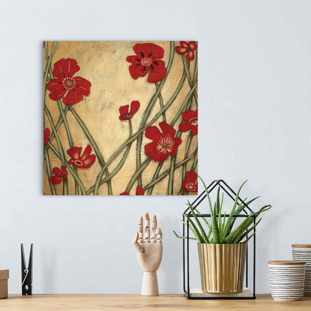 A bohemian room featuring Contemporary painting of a group of red flowers with tall stems against a yellow backdrop.