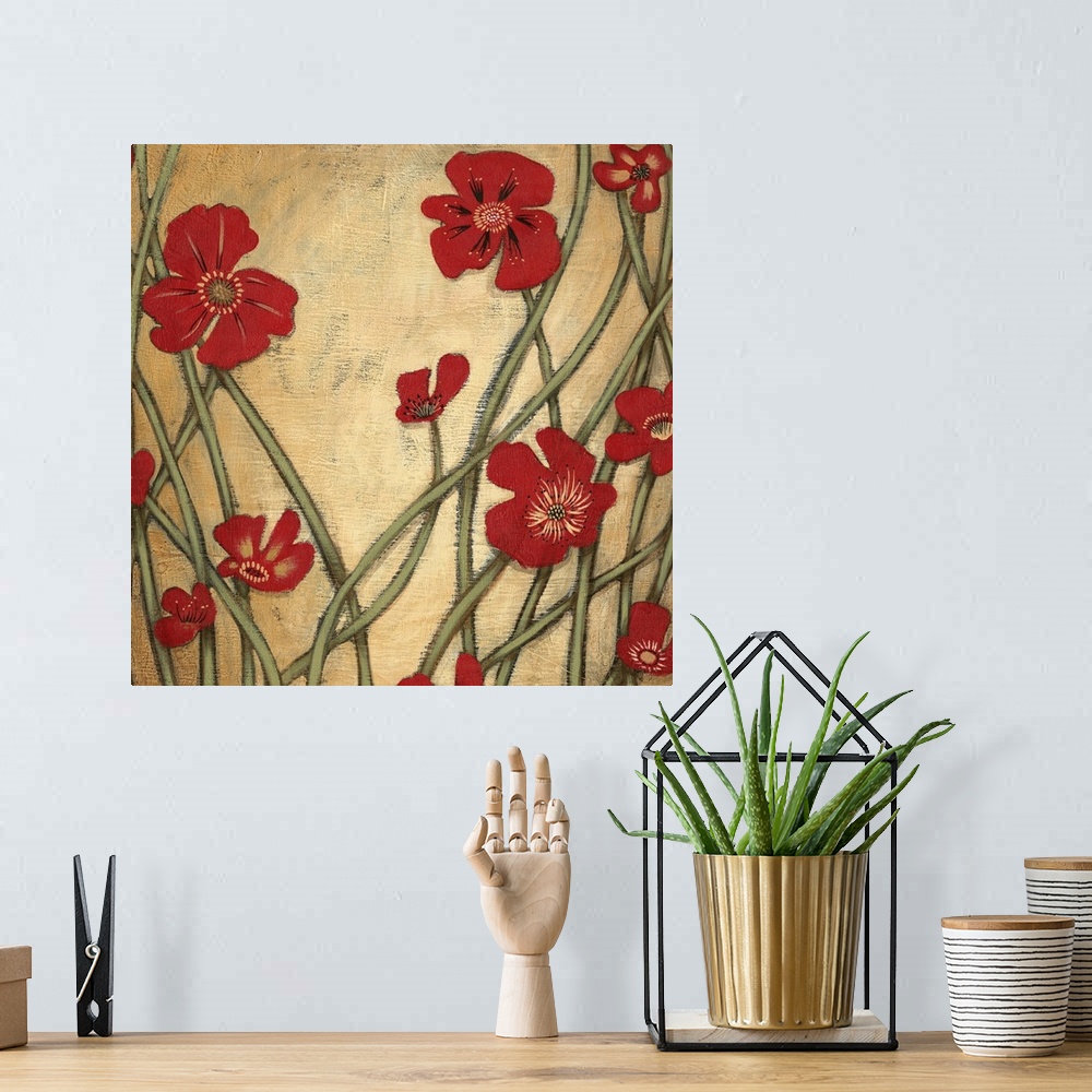 A bohemian room featuring Contemporary painting of a group of red flowers with tall stems against a yellow backdrop.