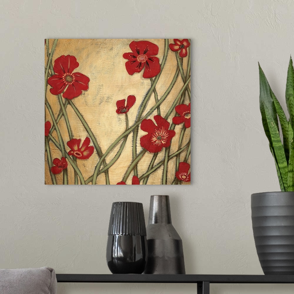 A modern room featuring Contemporary painting of a group of red flowers with tall stems against a yellow backdrop.