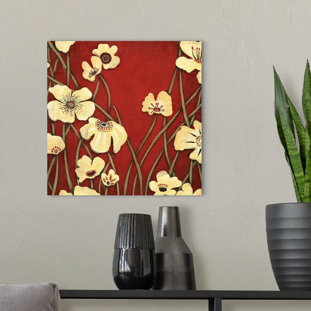 A modern room featuring Contemporary painting of a group of yellow flowers with tall stems against a red backdrop.