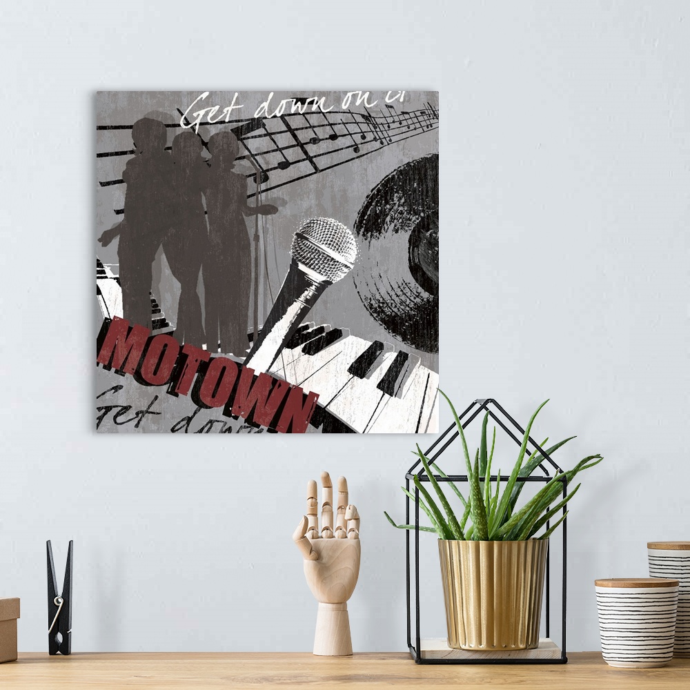 A bohemian room featuring A square Motown theme wall art with piano, record, microphone and singers.