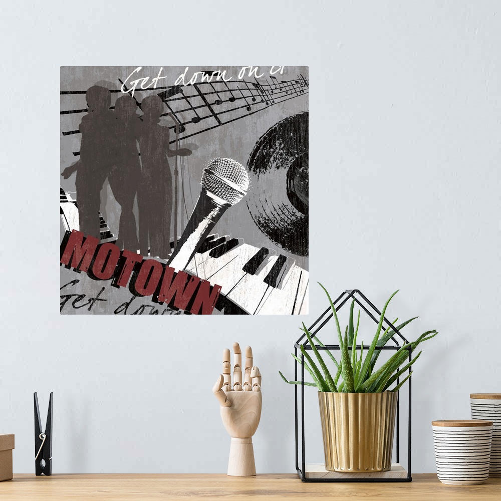 A bohemian room featuring A square Motown theme wall art with piano, record, microphone and singers.