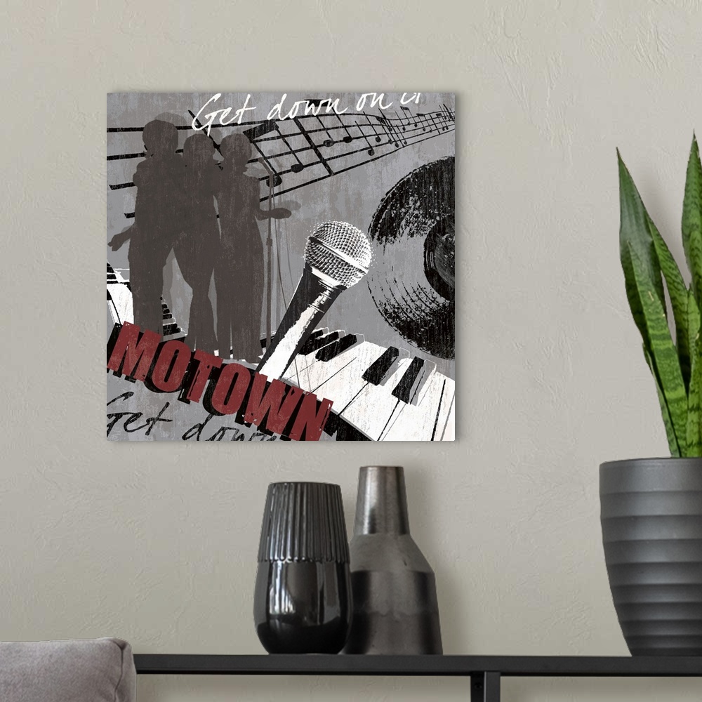 A modern room featuring A square Motown theme wall art with piano, record, microphone and singers.