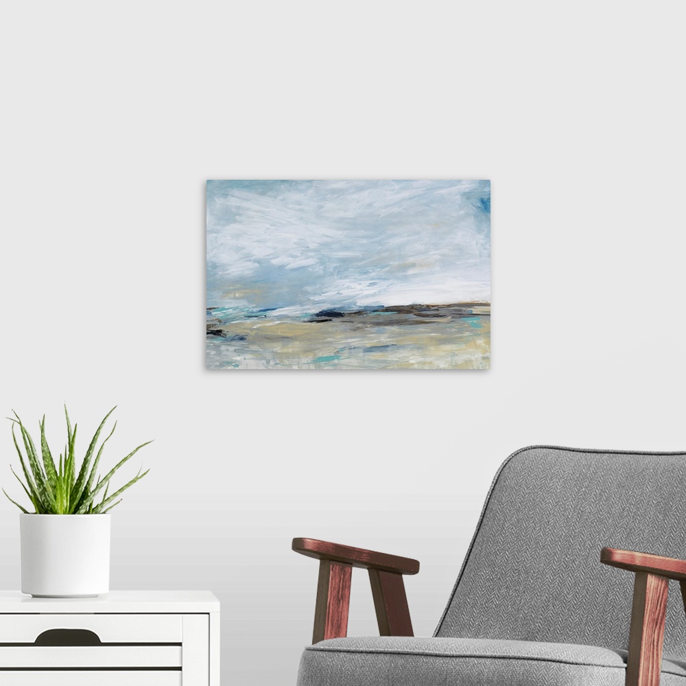 A modern room featuring Abstract landscape done in engaged brush strokes in colors of white, blue and brown.
