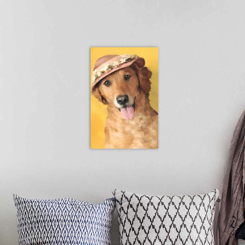 A bohemian room featuring A portrait of a dog with a hat on her head.