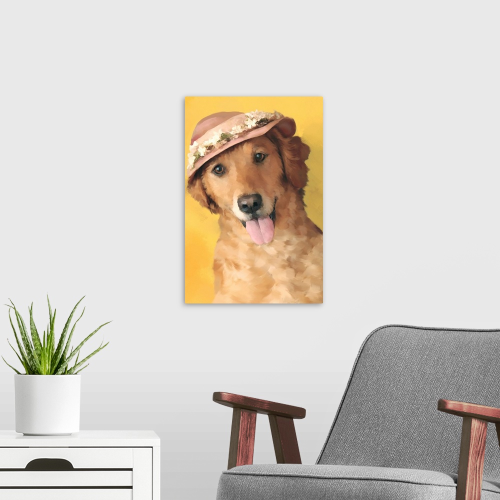 A modern room featuring A portrait of a dog with a hat on her head.