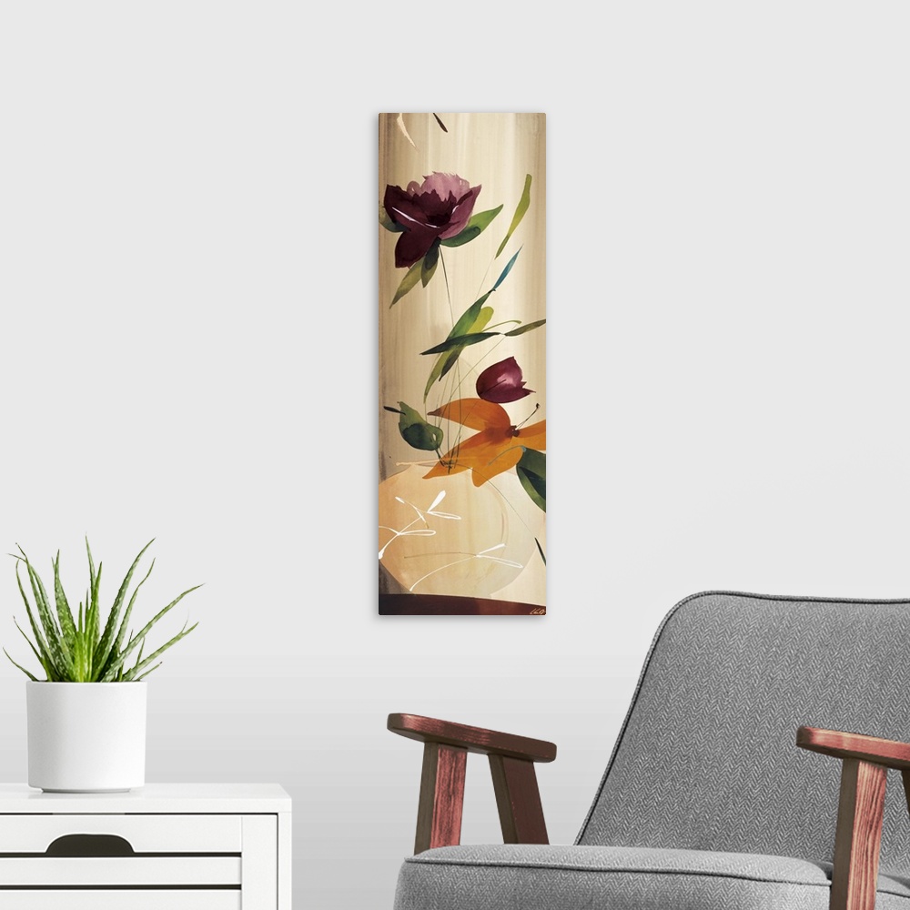 A modern room featuring A modern abstract of a bouquet of flowers in a vase.