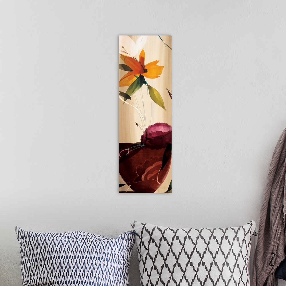 A bohemian room featuring A modern abstract of a bouquet of flowers in a vase.