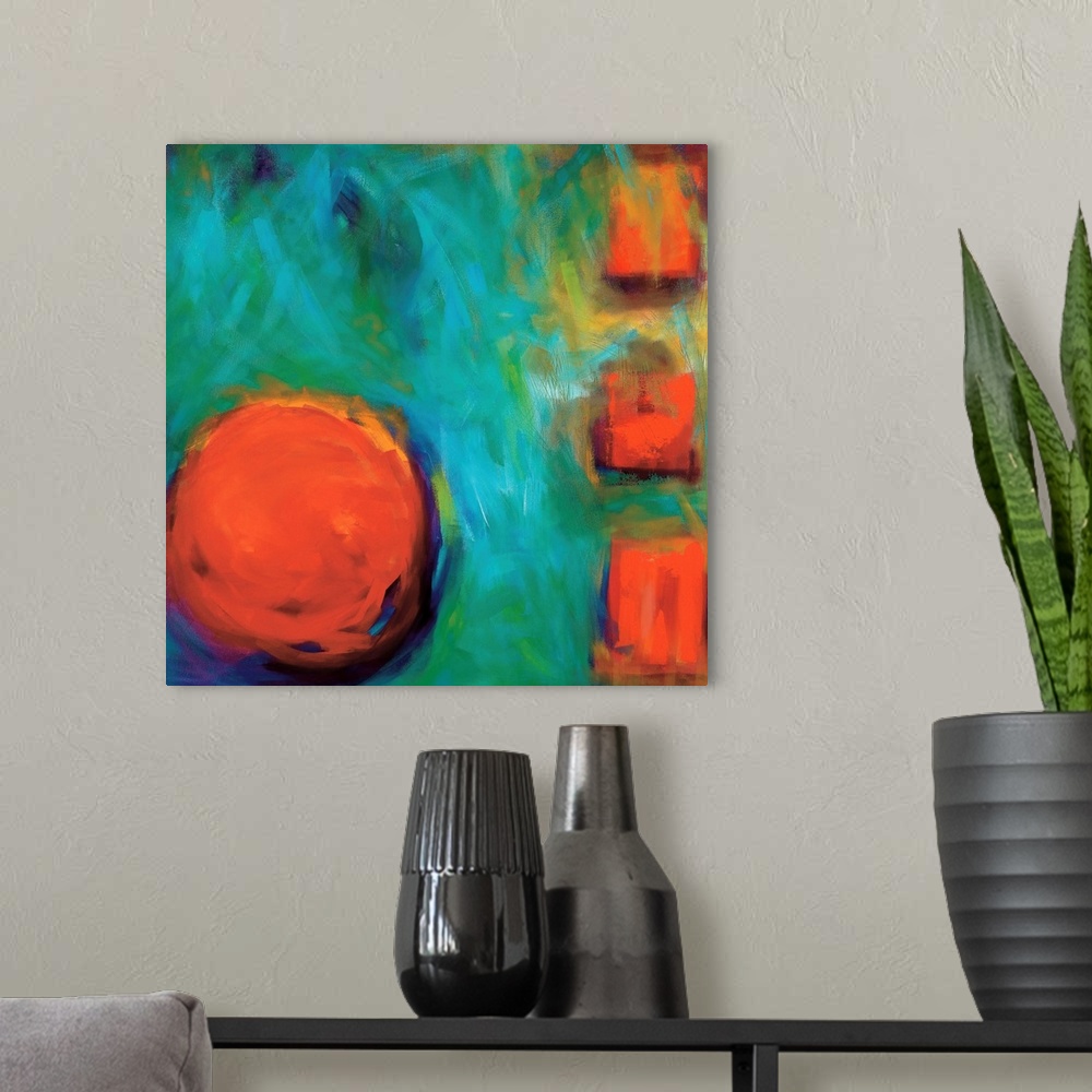 A modern room featuring Abstract square painting of a large circle and three small squares on the right in orange surroun...