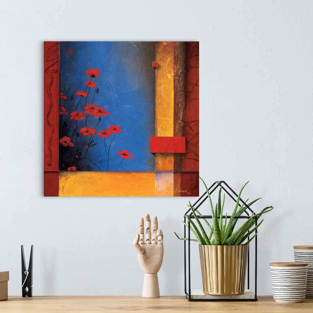 A bohemian room featuring A contemporary square painting of red poppies with a square grid design.
