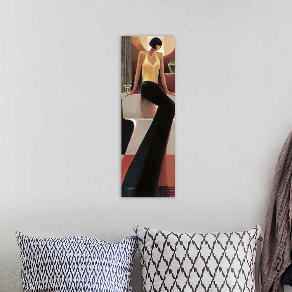 A bohemian room featuring Contemporary artwork of a woman wearing a long gown in golden light.