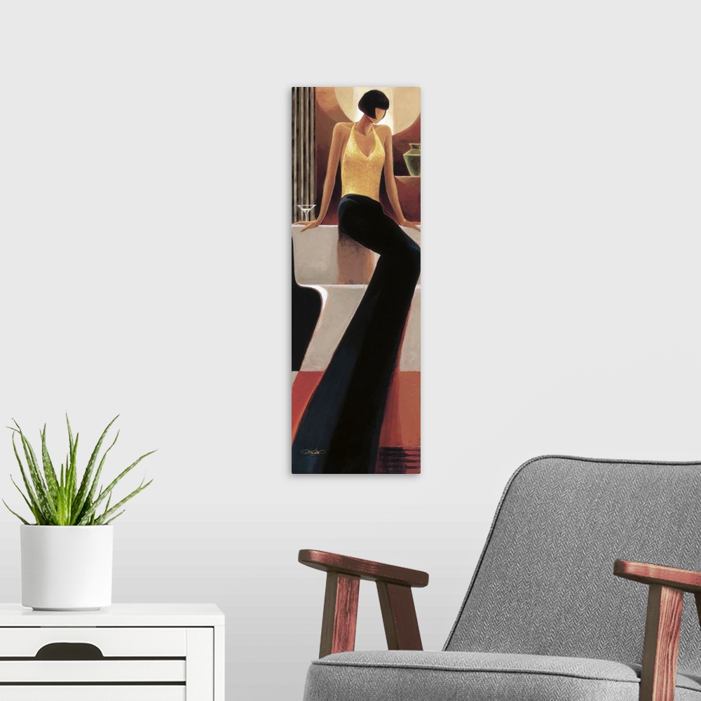 A modern room featuring Contemporary artwork of a woman wearing a long gown in golden light.
