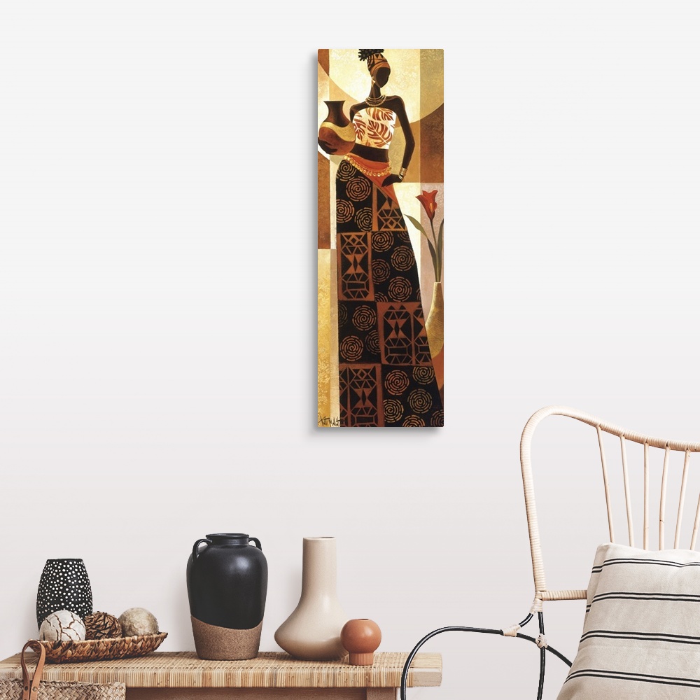 A farmhouse room featuring Artwork of an African woman in traditional dress holding a vase.