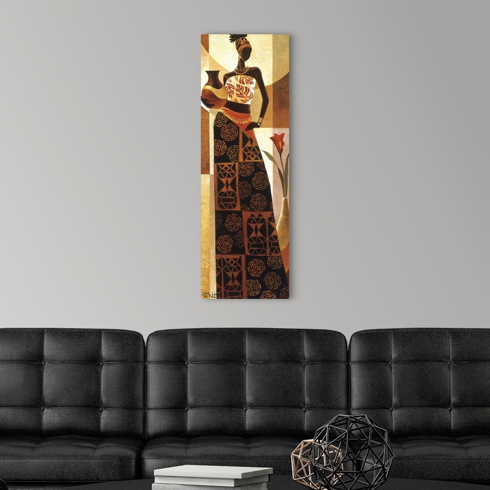 A modern room featuring Artwork of an African woman in traditional dress holding a vase.