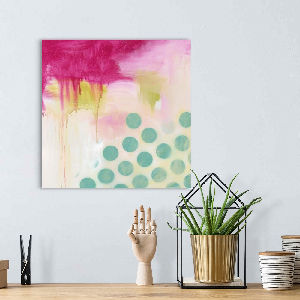 A bohemian room featuring Fuchsia abstract with dots.