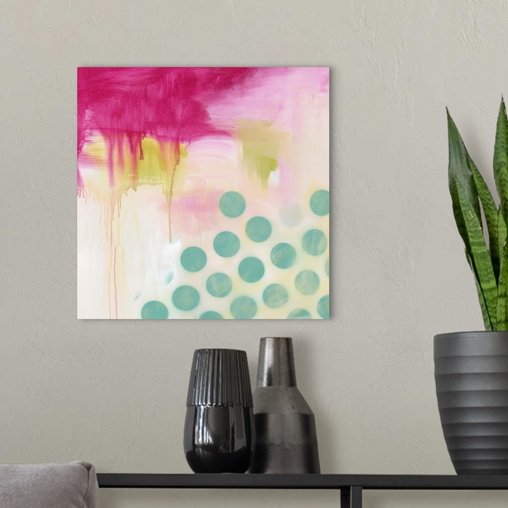A modern room featuring Fuchsia abstract with dots.