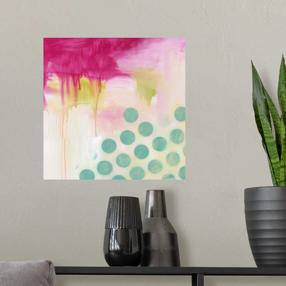 A modern room featuring Fuchsia abstract with dots.