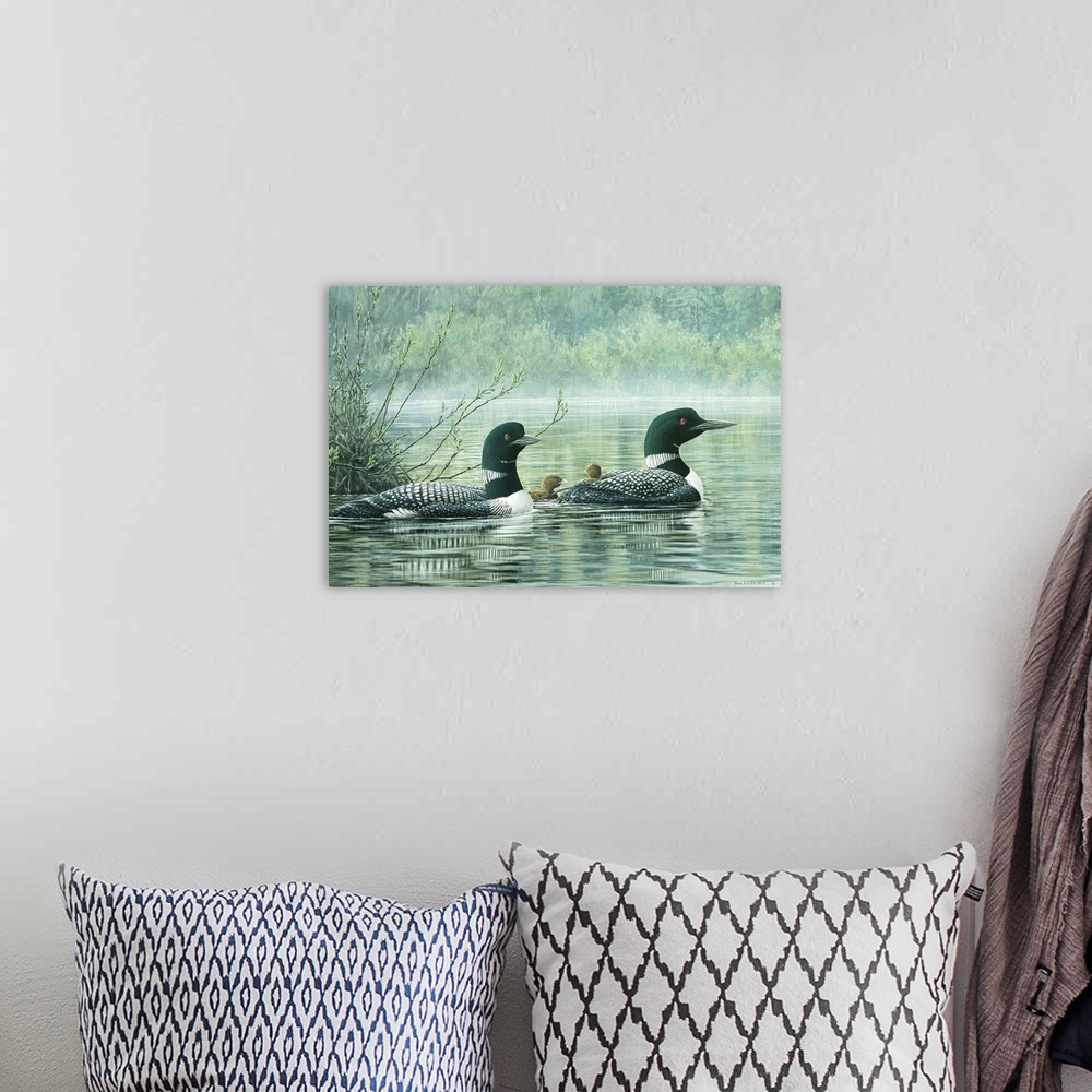 A bohemian room featuring A contemporary painting of a pair of loons with chicks in a pond with trees in the background.