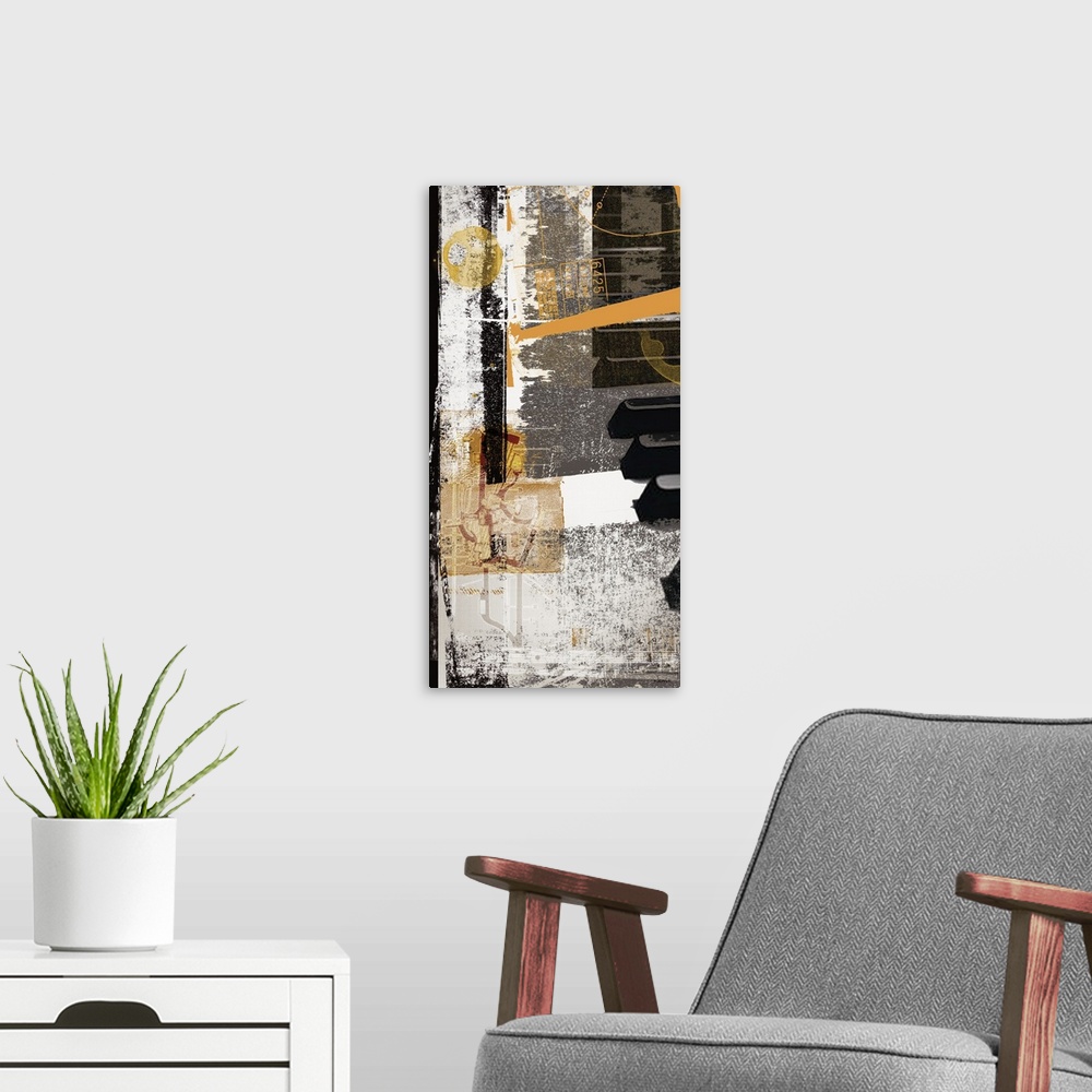 A modern room featuring A vertical digital composite of piano keys with textured elements overlapping.