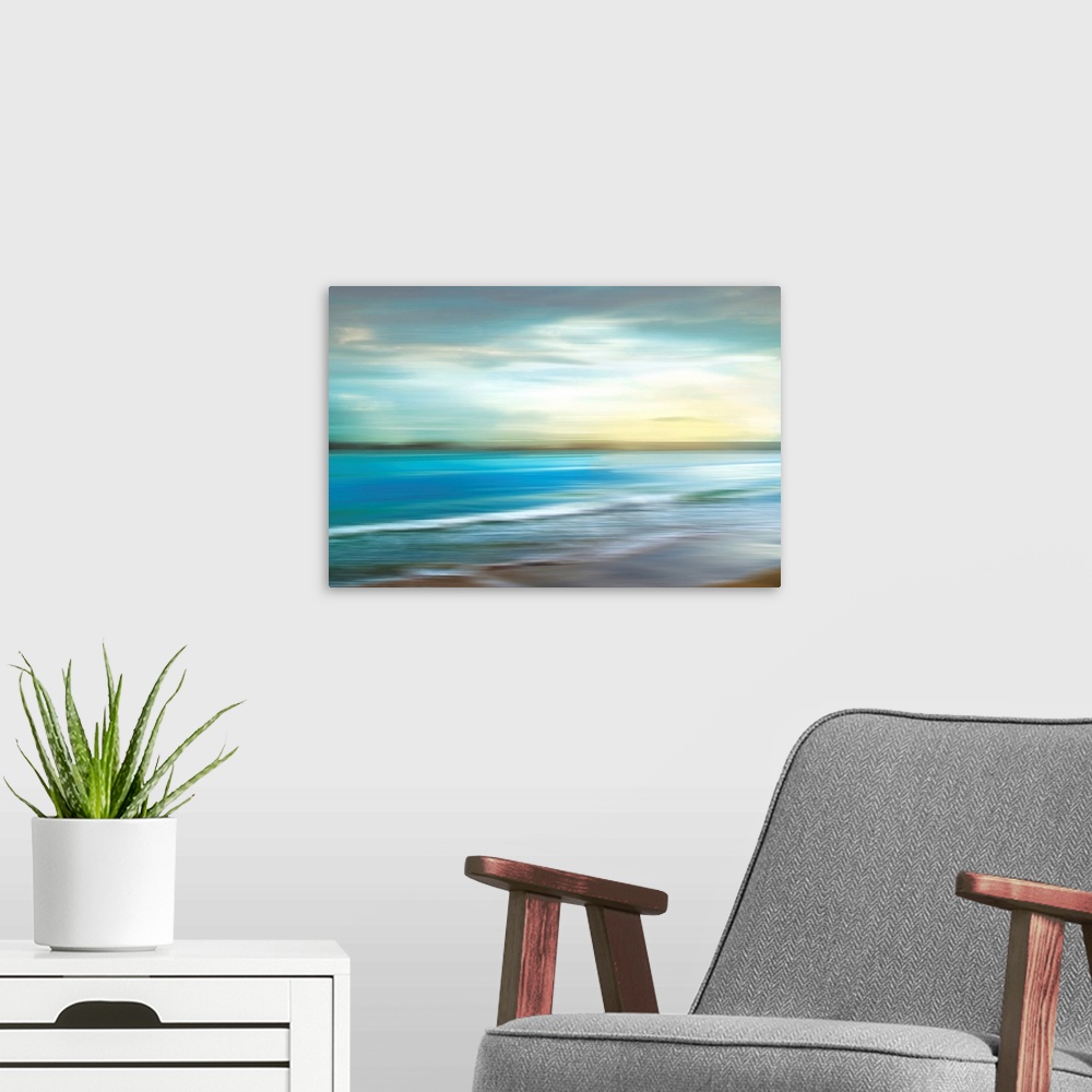 A modern room featuring A seascape photograph of ocean waves in a blurred effect that gives the image a sense of motion.