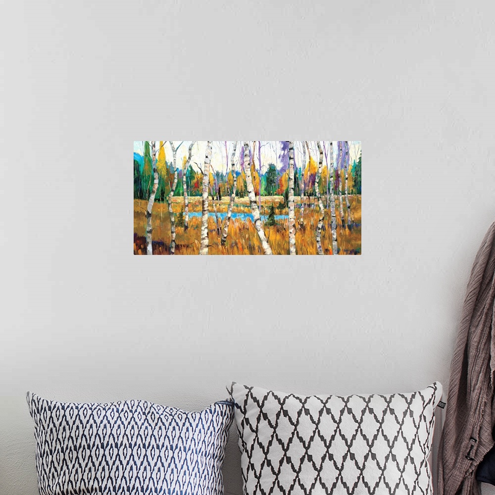 A bohemian room featuring Contemporary painting of a forest full of colorful trees with a small pond.