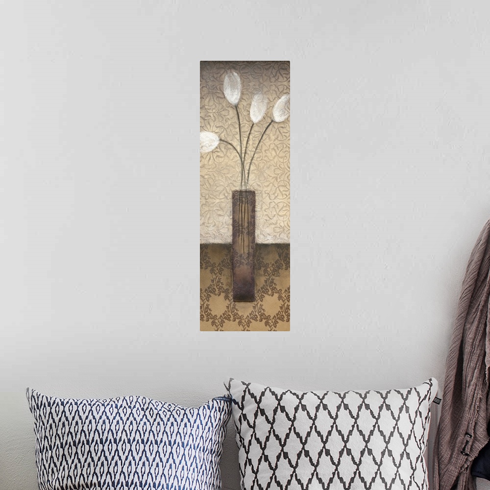A bohemian room featuring A long contemporary painting of a vase of white tulips with floral patterned backdrop.