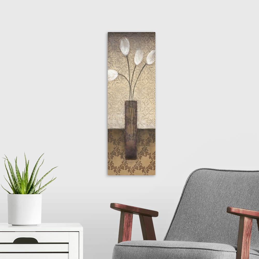 A modern room featuring A long contemporary painting of a vase of white tulips with floral patterned backdrop.