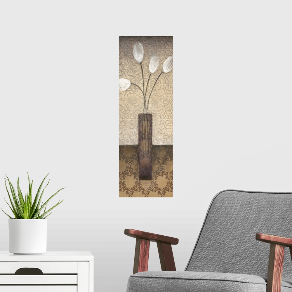 A modern room featuring A long contemporary painting of a vase of white tulips with floral patterned backdrop.