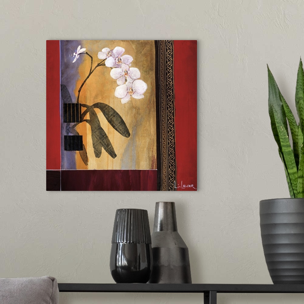 A modern room featuring A contemporary painting of white orchids bordered with a square grid design.