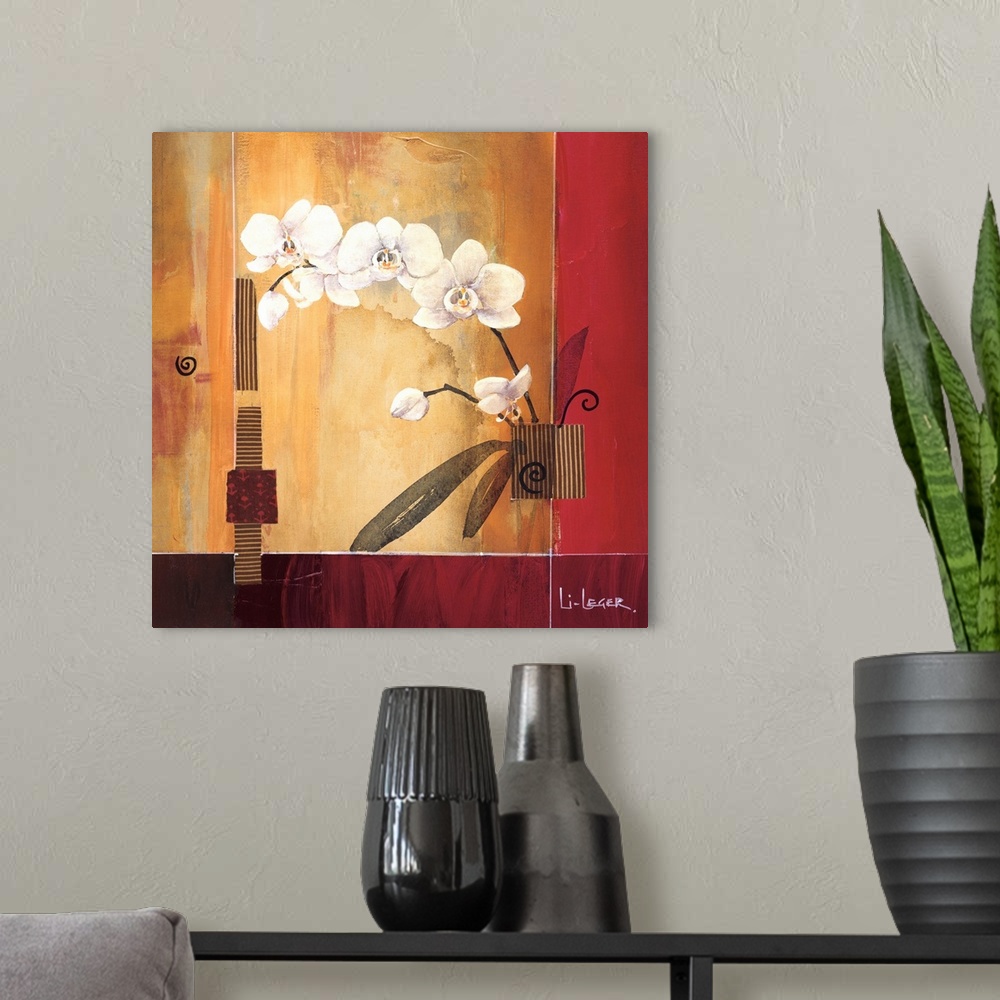 A modern room featuring A contemporary painting of white orchids with a square grid design.