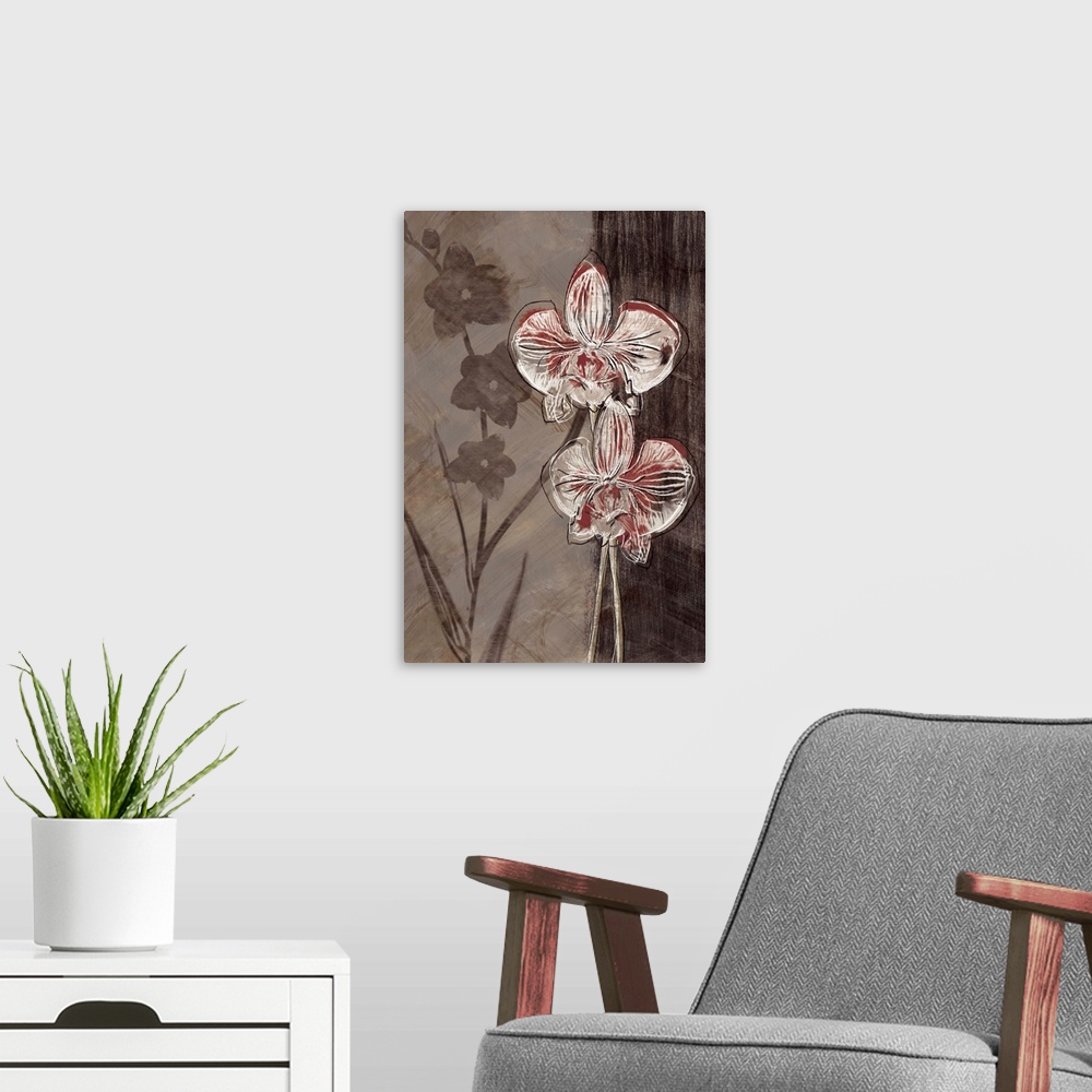 A modern room featuring Vertical artwork of white and red orchids in a sketch style with a black border on the right.